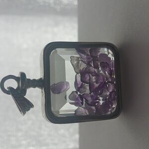 Natural AMETHYST In Beveled Cut Square Glass Pendant Silver Tone